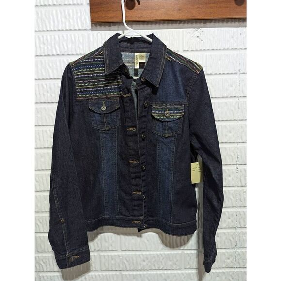 Studio West Women's Blue Colorful Thread Trim Long-Sleeve Denim Jacket Size M NW - Picture 1 of 8